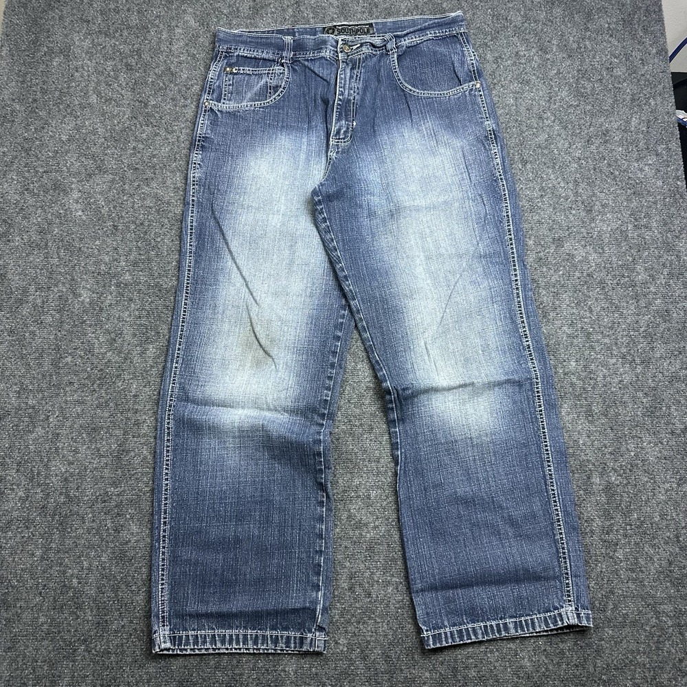 VTG Y2K Southpole Brown Tab Blue Jeans Faded Wide Leg Baggy GRUNGE Size 36x32